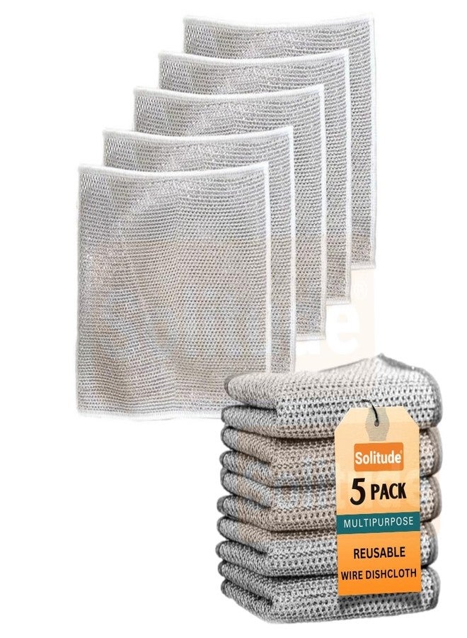 Solitude 5 Pcs Non-Scratch Wire Dishcloth, Multipurpose Wire Dishwashing Scrubber for Wet and Dry, Easy Rinsing, Reusable, Wire Cleaning Cloth for Kitchen, Sinks, Pots, Pans - Image 1